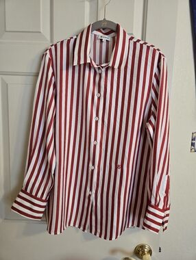 LilySilk Amalfi Red & White Stripe Women's Button-Up Shirt M